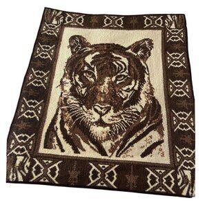 Vintage Bengal Tiger Reversible Blanket Throw 61x51 Animal Print Aztec Border